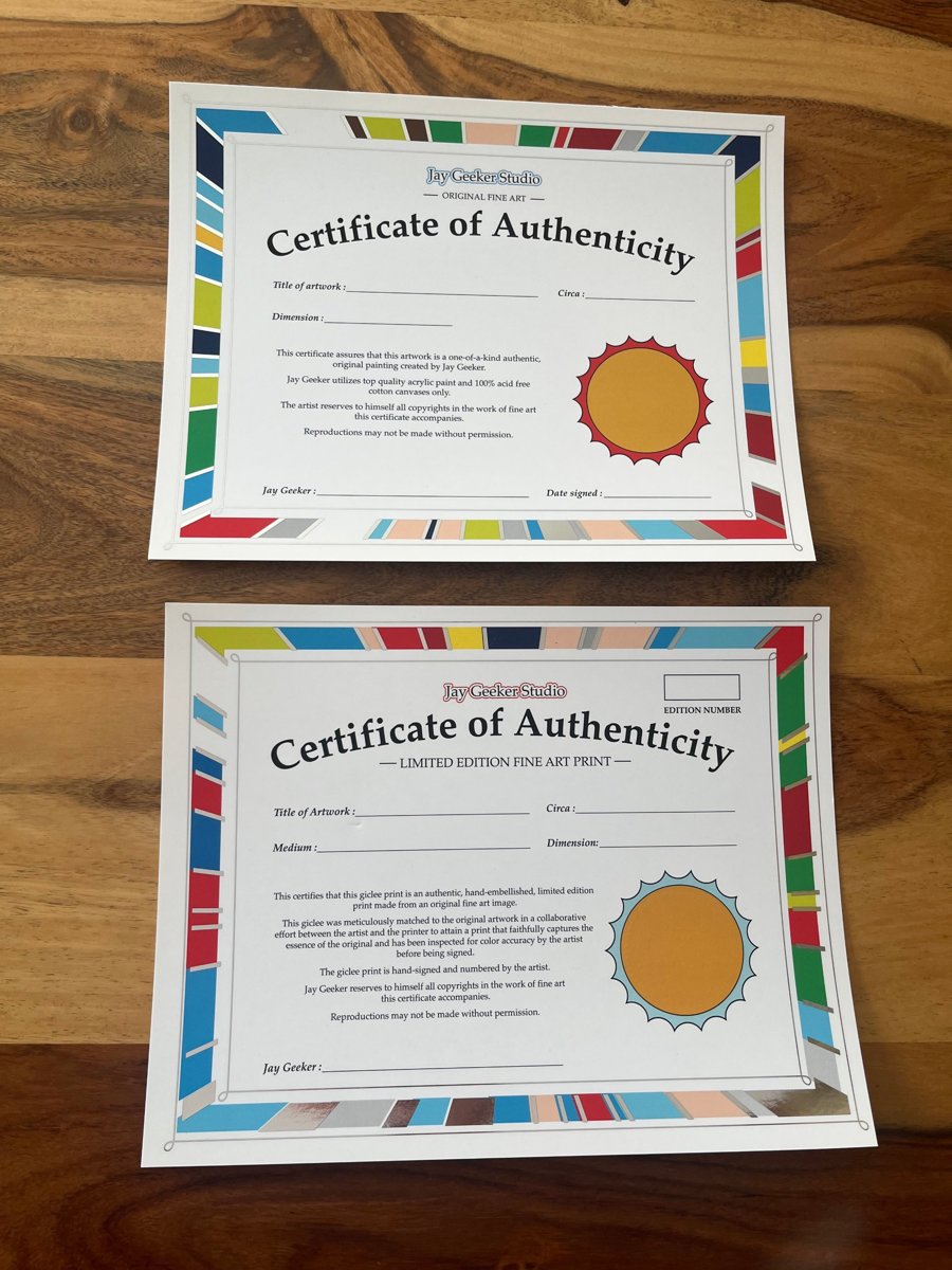 Certificates of Authenticity for originals and limited edition prints